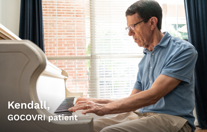 GOCOVRI patient Kendall playing piano in his living room. 
